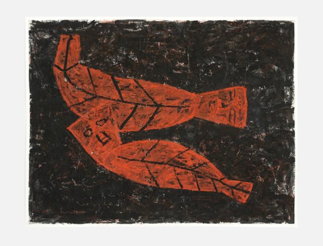 노은님의 1986년작 '두나무 잎사귀 사람들'. 위아래가 없는 작품이고, 물고기인지 잎사귀인지 사람인지 모를 형상을 그렸다. 권준성 노은님아카이브 관장은 노은님의 그림은 모두 자화상이고 생명이 순환한다는 불교의 윤회 사상을 담고 있다고 말했다. 현대화랑 제공