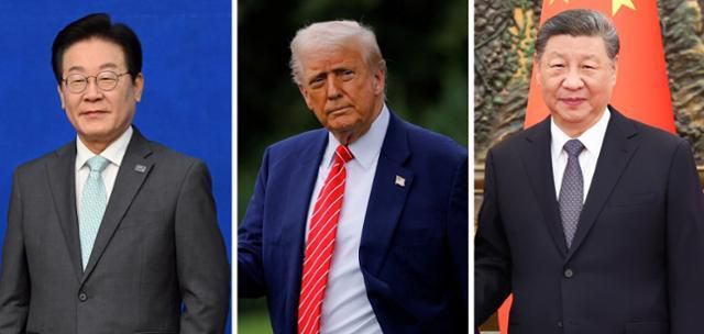 이재명(왼쪽부터) 대통령과 도널드 트럼프 미국 대통령, 시진핑 중국 국가주석. 트럼프 대통령은 29, 30일 방한을 계기로 한국 및 중국 정상과 연쇄 회동할 예정이다. 로이터·EPA 연합뉴스 자료사진