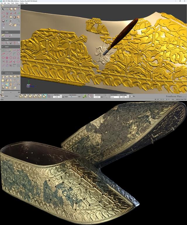 경주 식리총 금동신발의 쪼개진 측면을 디지털 복원하는 장면(위 사진)과 완성된 금동신발 재현품(아래 사진). 국립중앙박물관 제공