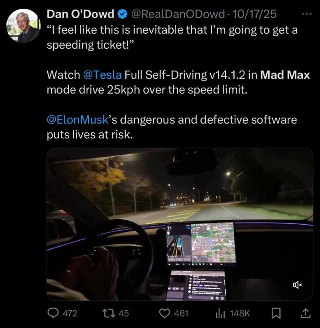 엑스(X)에는 매드맥스 모드 설정 후 제한 속도보다 25㎞를 초과했다는 등의 사용자들의 후기가 올라와있다. X 캡처