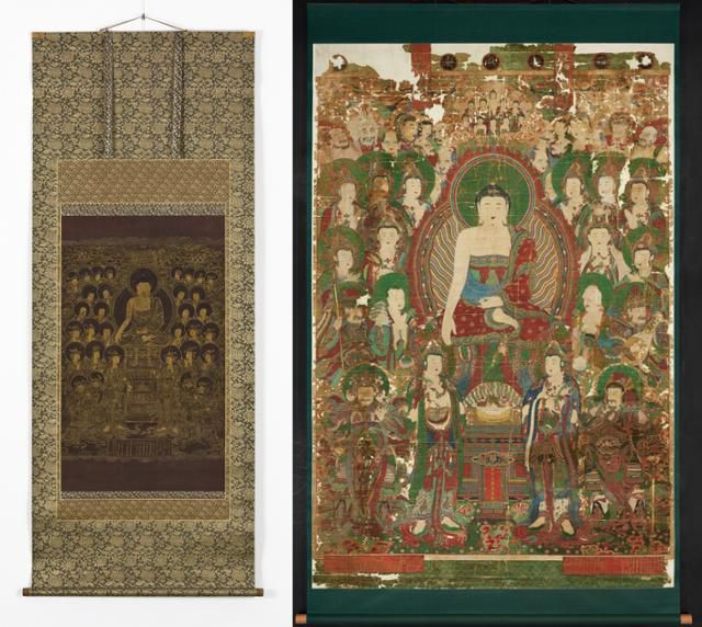 개인 소장 '영산회상도'(왼쪽 사진)와 국립중앙박물관 소장 '영축사명 영산회상도'. 국가유산청 제공