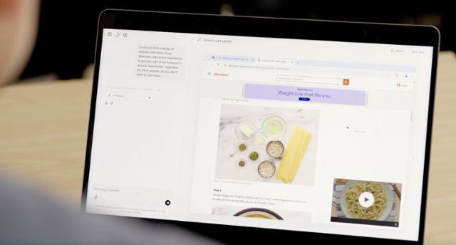 오픈AI의 AI 에이전트 '오퍼레이터' 입력창에 레시피를 공유하는 사이트에서 조개가 들어간 파스타 레시피를 찾아 재료들을 장바구니에 추가해줘라는 명령을 넣자 웹 브라우저가 열리면서 순차적으로 작업이 진행되고 있다. 오픈AI 홈페이지 캡처
