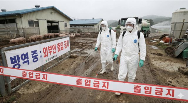 25일 아프리카돼지열병(ASF)이 발생한 충남 당진 지역 상황을 바탕으로, 한국일보 인공지능 ‘하이(HAI)’가 구현한 가상 그래픽.