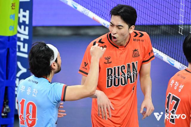차지환(오른쪽)이 30일 부산 강서체육관에서 열린 진에어 2025~26시즌 V리그 2라운드 우리카드전에서 득점한 뒤 포효하고 있다. 한국배구연맹 제공