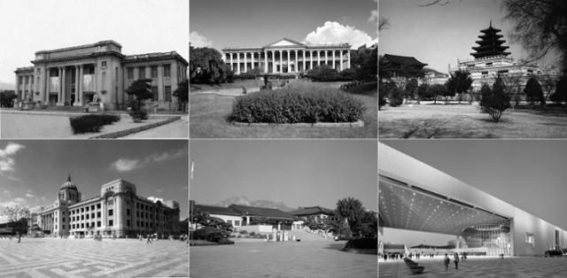 역대 국립중앙박물관 건물 모습. 윗줄 왼쪽부터 구 조선총독부박물관(1945∼1955), 덕수궁 석조전(1955∼1972), 현 국립민속박물관 건물(1972∼1986). 아랫줄 왼쪽부터 구 중앙청(1986∼1996), 현 국립고궁박물관 건물(1996∼2005), 용산에 위치한 현재 모습(2005∼). 국립중앙박물관 제공