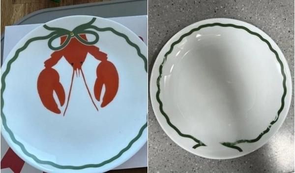 지난달 써브웨이가 겨울 한정 메뉴 구매 고객에게 사은품으로 증정한 랍스터 프린팅 접시. 오른쪽 사진은 프린팅이 벗겨진 모습. 사회관계망서비스(SNS) 캡처