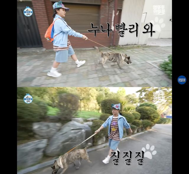 MBC 예능 '나 혼자 산다'를 통해 개그우먼 박나래 씨가 반려견 복돌이와 함께 산책하는 모습이 방송됐다. 유튜브 '엠뚜루마뚜루' 캡처