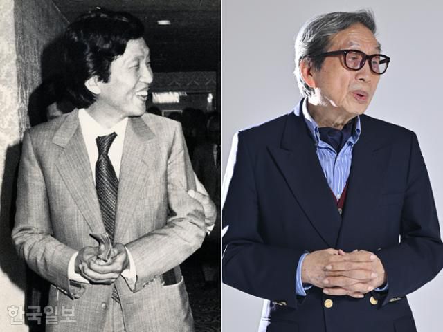 김영호 전 한국일보 기자가 11월 21일 본보와 인터뷰하며 포즈를 취하고 있다(오른쪽). 왼쪽 사진은 한국일보 기자로 일하던 당시 모습을 담은 사진. 민경석 기자