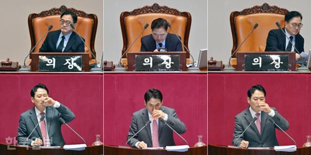 장동혁 국민의힘 대표가 23일 오전 국회에서 내란전담재판부 설치 특별법 등에 대한 필리버스터를 하던 중 여러 차례 물을 마시고 있다. 민경석 기자