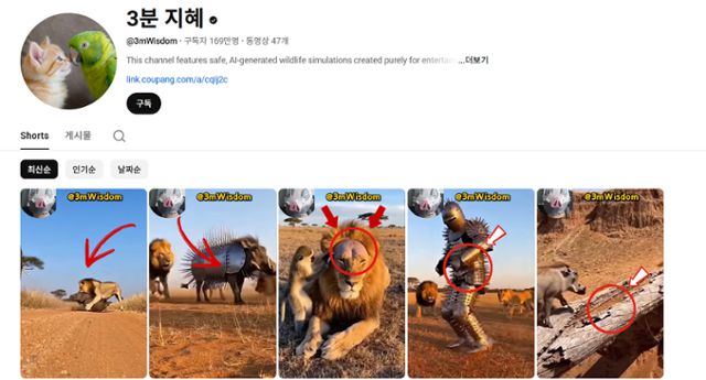 카프윙의 조사 결과, 한국 내 전체 조회수의 4분의 1을 차지한 '3분 지혜'라는 채널은 반려동물이 야생 동물을 제압하는 영상들을 제작한다.