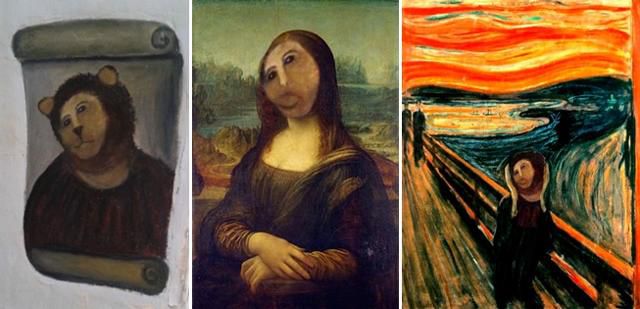 스페인 화가 세실리아 히메네스가 19세기 벽화 '에코 호모'를 복원하며 예수를 원숭이처럼 표현한 것을 풍자하는 인터넷 밈. 왼쪽 사진은 예수의 모습을 원숭이에서 더 나아가 사자로 만들었고, 가운데와 오른쪽은 각각 레오나르도 다빈치의 '모나리자'와 에드바르 뭉크의 '절규'에 '원숭이 예수' 얼굴을 붙여 넣었다. 인터넷 커뮤니티 캡처