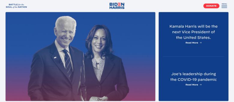 11일(현지시간) 민주당 대선 후보 조 바이든 전 부통령의 대선캠프는 공식 홈페이지 첫 화면의 모습을 바이든 전 부통령과 그의 러닝메이트로 지명된 카멀라 해리스 상원의원이 나란히 서있는 모습으로 업데이트했다. [바이든 캠프 공식 홈페이지 캡쳐]