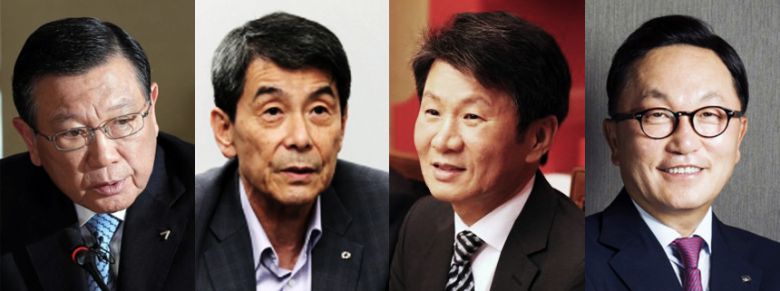 아시아나항공 인수합병(M&A) 계약 관련 인물들.왼쪽부터 박삼구 전 금호아시아나그룹 회장, 이동걸 산업은행 회장, 정몽규 HDC그룹 회장, 박현주 미래에셋대우 회장