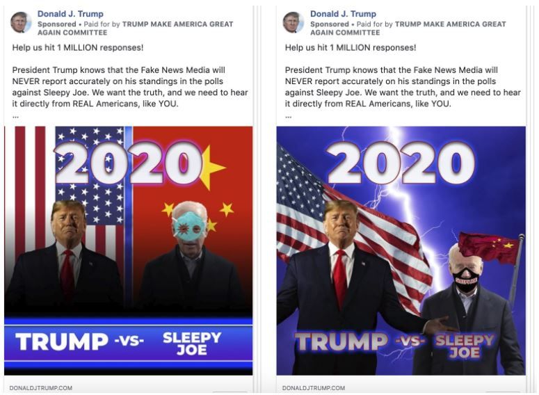 민주당 대선 후보 조 바이든 전 부통령을 조롱하는 도널드 트럼프 미국 대통령의 페이스북 광고. [트럼프 페이스북 캡쳐]