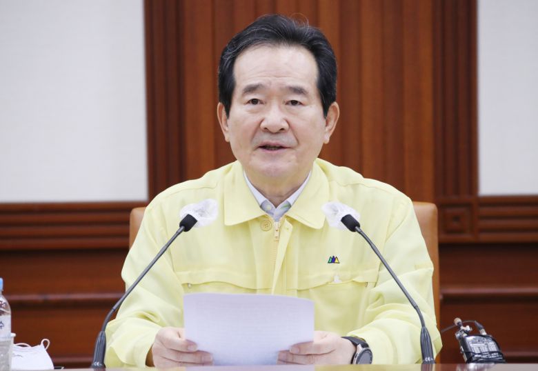 정세균 국무총리가 22일 정부서울청사에서 열린 신종 코로나바이러스 감염증(코로나19) 대응 중앙재난안전대책본부 회의를 주재하며 발언하고 있다. [연합]