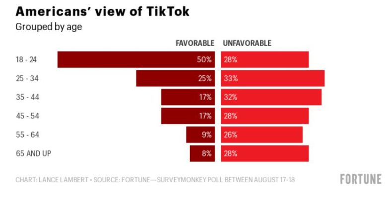틱톡은 미국 청년층에 특히 인기가 많다는 게 수치상으로도 확인됐다. 18~24세 가운데 틱톡을 우호적으로 본다는 의견이 50%에 달했다.