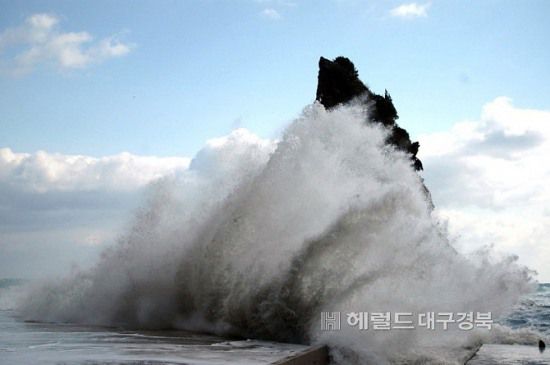 2006년 제 13호 태풍산산의 높은 파도가 울릉도 통구미 거북바위를 삼킬듯 하고 있다.(헤럴드 DB)