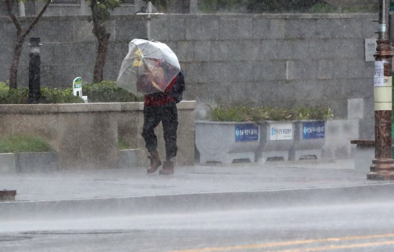 제8호 태풍 '바비'가 북상한 지난 26일 오후 전남 목포시 목포역 앞 거리에서 태풍이 다가오자 비와 바람이 더욱 거세지고 있다. [연합]
