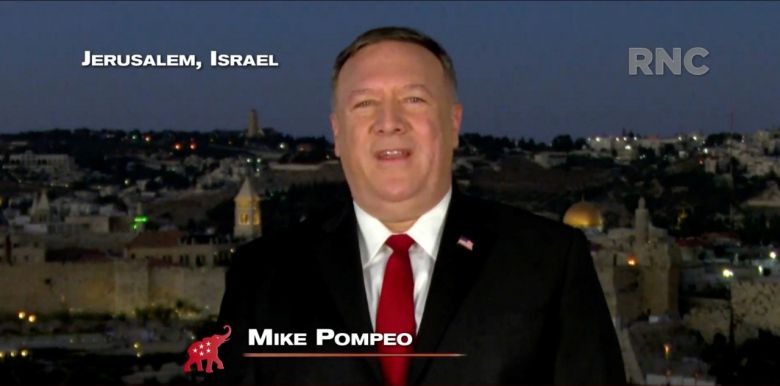 마이크 폼페이오 미 국무장관이 25일(현지시간) 열린 공화당 전당대회에 이스라엘 예루살렘에서 사전 촬영한 영상을 통해 찬조연설을 하고 있는 모습. [로이터]