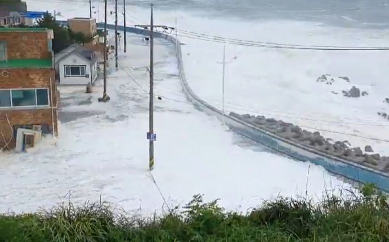 3일 오전 제9호 태풍 ‘마이삭’의 영향으로 강원 강릉 주문진읍 해안도로 인근 방파제를 넘은 파도가 인근 주택까지 밀려들고 있다. [연합]