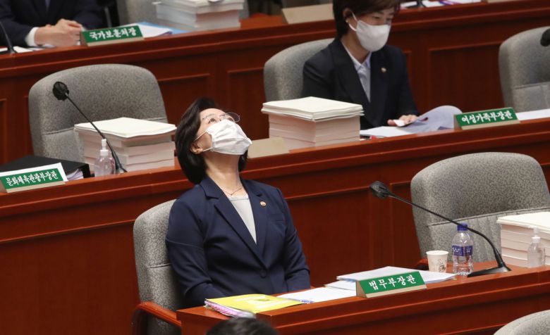 지난 1일 국회 예결위의장에서 전체회의가 열린가운데 추미애 법무부 장관이 생각에 잠겨있다. [연합]