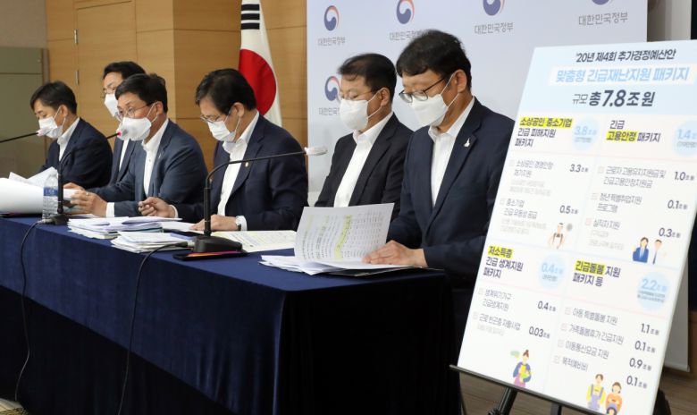 지난 10일 정부서울청사에서 안일환 기획재정부 1차관(오른쪽 세 번째) 주재로 열린 코로나19(신종 코로나바이러스 감염증) 관련 정부 지원 4차 추경예산안 세부 내용 발표에서 안도걸 기재부 예산실장(왼쪽 세 번째)이 브리핑을 하고 있다. [연합]