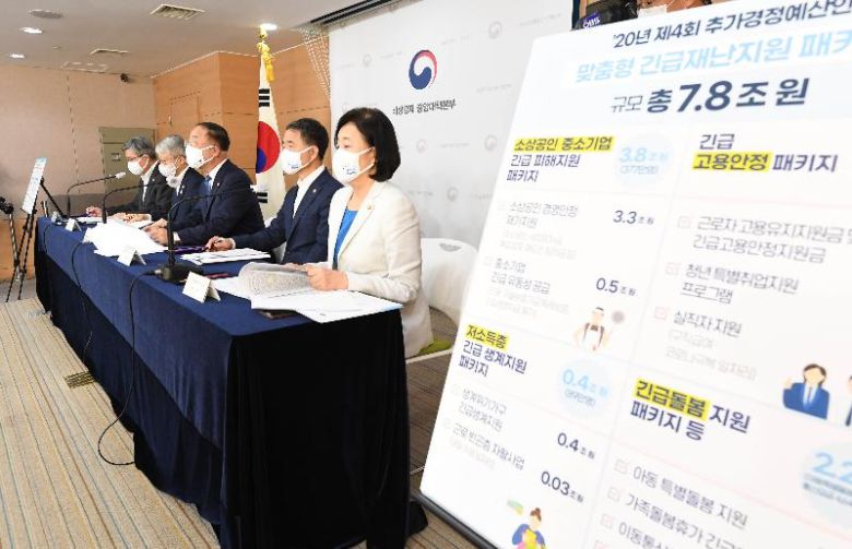 코로나19 사태로 큰 타격을 입은 소상공인과 취약계층을 대상으로 한 맞춤형 2차 재난지원금이 추석 이전에 지급될 수 있을지 불투명성이 높아지고 있다. 홍남기 부총리 겸 기획재정부 장관이 지난 10일 정부서울청사에서 관계 장관들이 배석한 가운데 2차 재난지원금을 포함한 4차 추경안과 긴급 민생·경제 종합대책을 발표하고 있다. [기획재정부 제공].