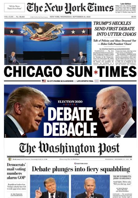 미국 대선을 35일 앞두고 지난달 29일(현지시간) 진행된 1차TV토론이 난장판 수준으로 끝난 것을 비판하는 주요 언론의 신문 1면 모음