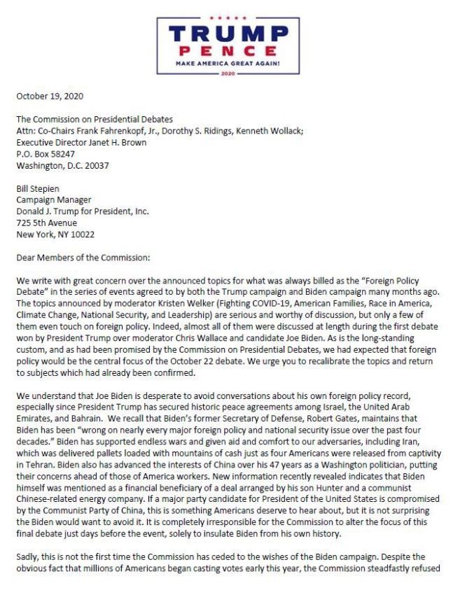 빌 스테피엔 트럼프 선거캠프 선대본부장이 19일(현지시간) 대통령토론위원회에 22일로 예정된 TV토론의 주제를 외교정책에 초점을 맞춰 변경해야 한다고 요청한 서한.