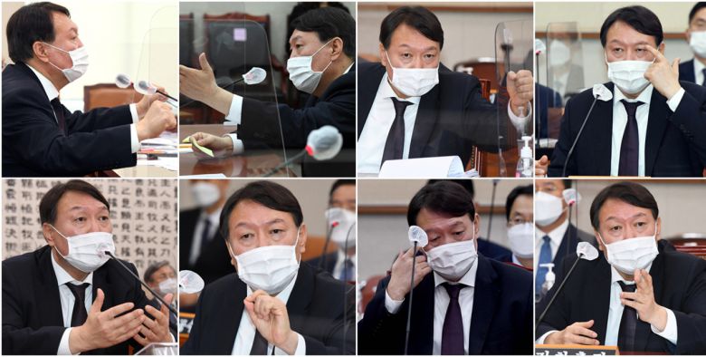 윤석열 검찰총장이 22일 국회에서 열린 법제사법위원회 대검찰청 국정감사에서 다양한 표정으로 답변하거나 질문받고 있다. [연합]