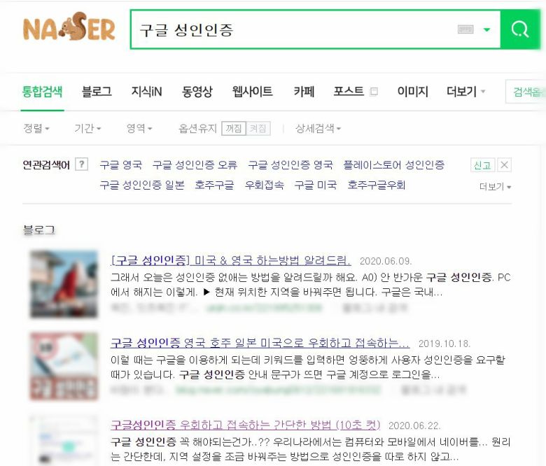 포털에서 '구글 성인인증'을 검색하면 가장 먼저 뜨는 게시글. 우회를 통해 성인인증 없이 검색하는 방법을 안내하고 있다. [네이버 캡처]