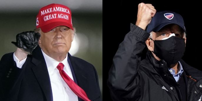 도널드 트럼프(왼쪽) 미국 대통령과 민주당의 조 바이든 대선후보가 1일(현지시간) 각각 선거유세에서 손을 들어보이고 있다. [AP·로이터]