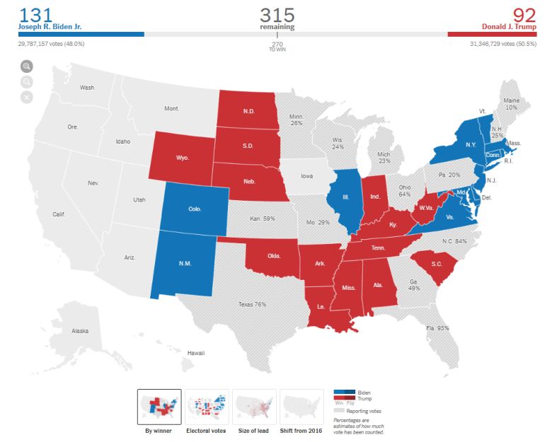 3일 오후 10시(현지 동부시간 기준) 현재 2020 미국 대선 개표 현황. [뉴욕타임스 캡처]