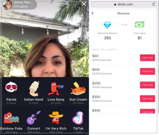 후원 기능이 도입된 틱톡 화면(왼쪽). 후원받은 '다이아몬드'를 현금화하는 화면(오른쪽). [틱톡 화면 캡처]