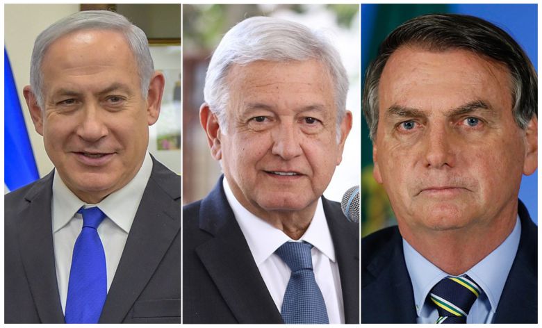 (왼쪽부터) 베냐민 네타냐후 이스라엘 총리, 안드레스 마누엘 로페스 오브라도르 멕시코 대통령, 자이르 보우소나루 브라질 대통령. [위키백과]