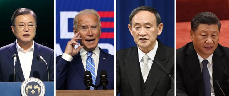 문재인 대통령, 조 바이든 미국 대통령 당선인, 스가 요시히데 일본 총리, 시진핑 중국 국가주석. [연합·헤럴드 DB]