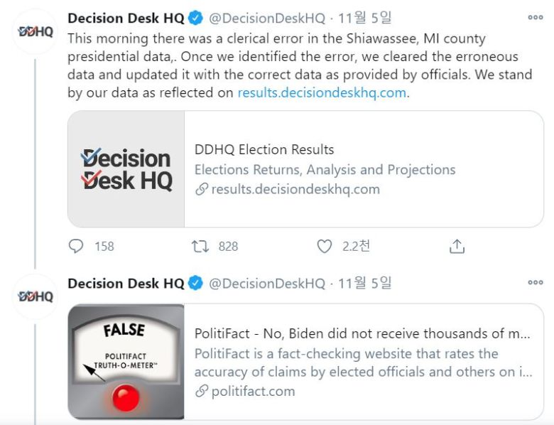"오류를 확인하자마자 잘못된 데이터를 지우고 올바르게 업데이트 했다" 디시전데스크HQ의 해명 트위터 캡처