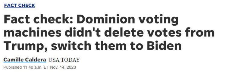 USA투데이의 팩트체크 기사 캡처. "도미니언 보팅 시스템 개표기는 트럼프의 표를 바이든의 표로 바꾸지 않았다"