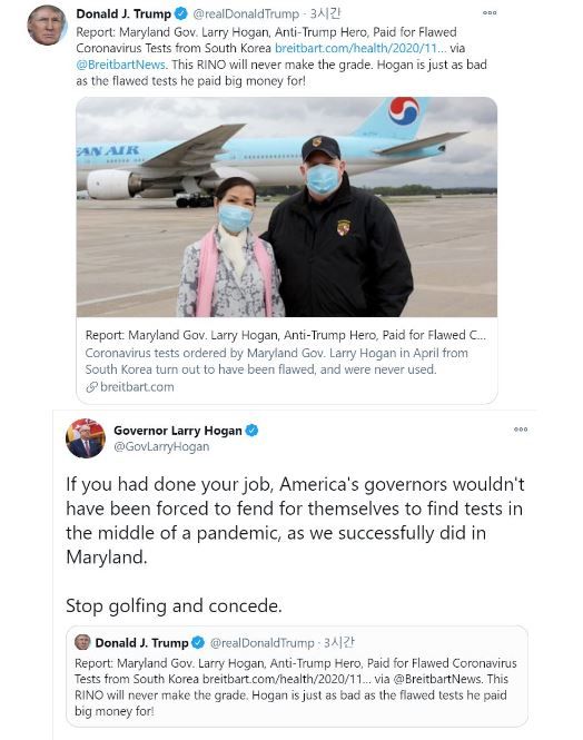 도널드 트럼프 대통령이 22일(현지시간) 래리 호건 메릴랜드주 주지사를 비판하는 트윗(위)를 올렸다. 호건 주지사는 곧바로 이를 반박하는 글로 대응했다.