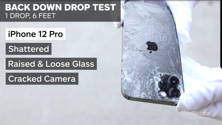 보험회사 올스테이트가 실시한 낙하 테스트를 거친 후 ‘아이폰12 프로’의 모습. 올스테이트는 1.8m 높이에서 ‘아이폰12 프로’를 떨어트린 결과 후면 유리와 카메라가 깨졌다고 밝혔다. [올스테이트 프로젝트 플랜 유튜브 캡처]