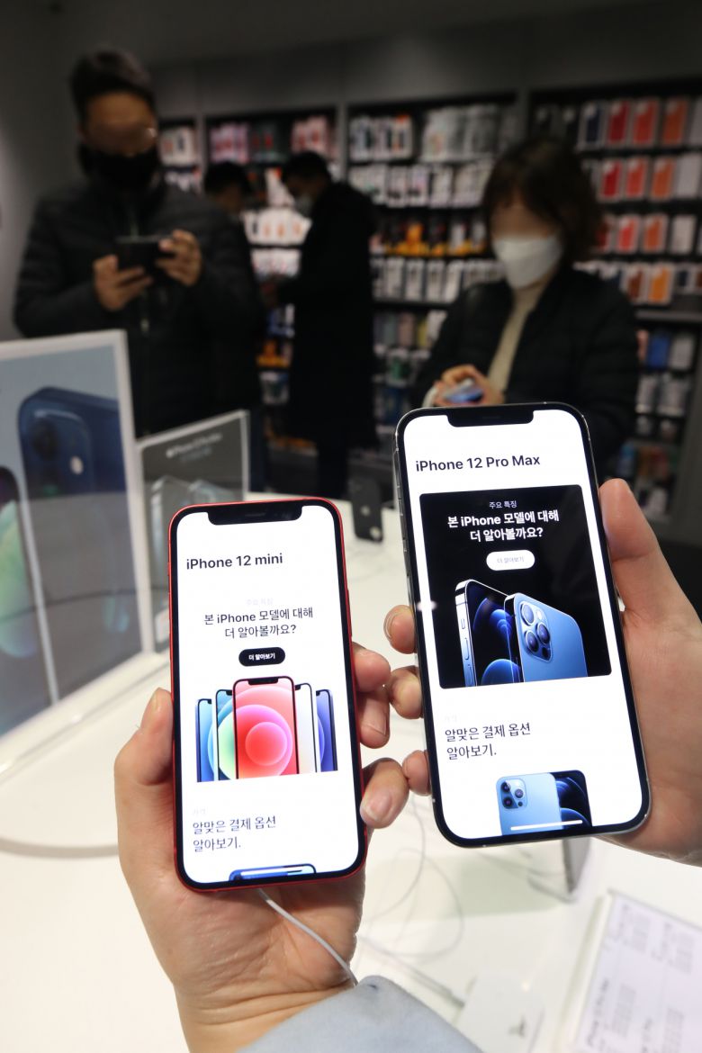 아이폰12 미니와 프로 맥스가 국내 정식 출시한 20일 서울 중구 프리스비 명동점에서 고객들이 두 기기를 비교해보고 있다. 연합뉴스
