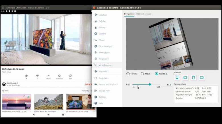 에뮬레이터에 공개된 LG롤러블폰(화면 우측). 구글 안드로이드 개발자 사이트 캡쳐.