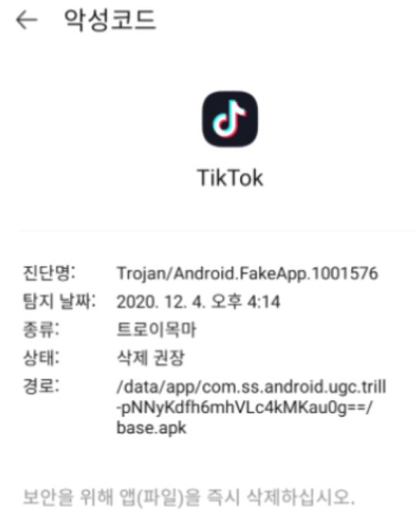틱톡에서 악성코드 일종인 '트로이목마'가 발견됐다는 모바일 백신 앱 V3의 경고[인터넷 캡처]