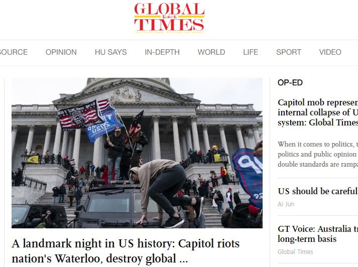중국 글로벌타임스가 미국 의회 난입 사태에 대해 자세히 전하며 미국 정치 시스템이 내부적으로 붕괴하고 있다고 8일 논평했다.[중국 관영 글로벌타임스 홈페이지 캡처]