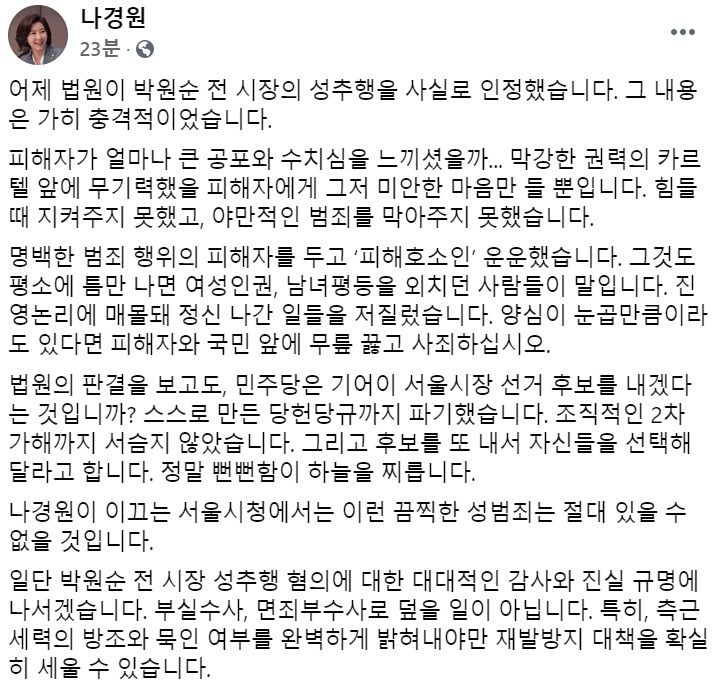 나경원 전 국민의힘 의원 페이스북 일부 캡처.