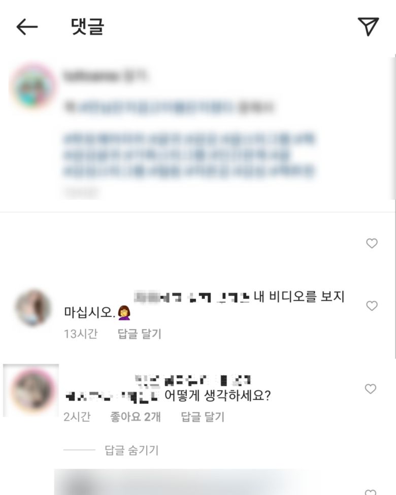 인스타그램 인기 게시글에서 종종 등장하는 음란성 댓글. 성인사이트로 유인하기 위한 미끼다. [인스타그램 캡처]