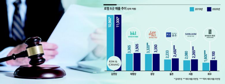 국내 대표 로펌 6곳이 지난해 코로나19에도 매출 불리기에 성공했다. 크로스보더 딜(국경 간 거래) 자문 등은 줄었으나, 신성장동력으로 부상한 모빌리티, 신재생에너지, 바이오 분야 등의 자문이 늘어난 영향이다. 1~6위의 순위는 유지된 가운데, 태평양과 화우의 약진이 눈에 띄었다.