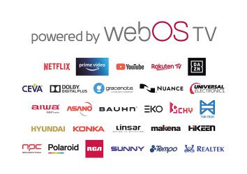 webOS 플랫폼을 적용한 TV 예시 이미지(위쪽). webOS TV 글로벌 콘텐츠 및 기술 솔루션 파트너사 로고. [LG전자 제공]