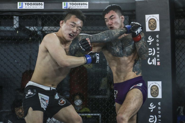 27일 파주 팀에이스에서 열린 더 비스트 챔피언십(TBC)01 메인이벤트 이민혁(익스트림컴뱃·왼쪽)과 이진세(대전 인파이터)의 경기 모습. 이민혁 선수가 타격과 그래플링 모두 우세한 모습을 보이며 판정승을 거뒀다. [TBC 제공]