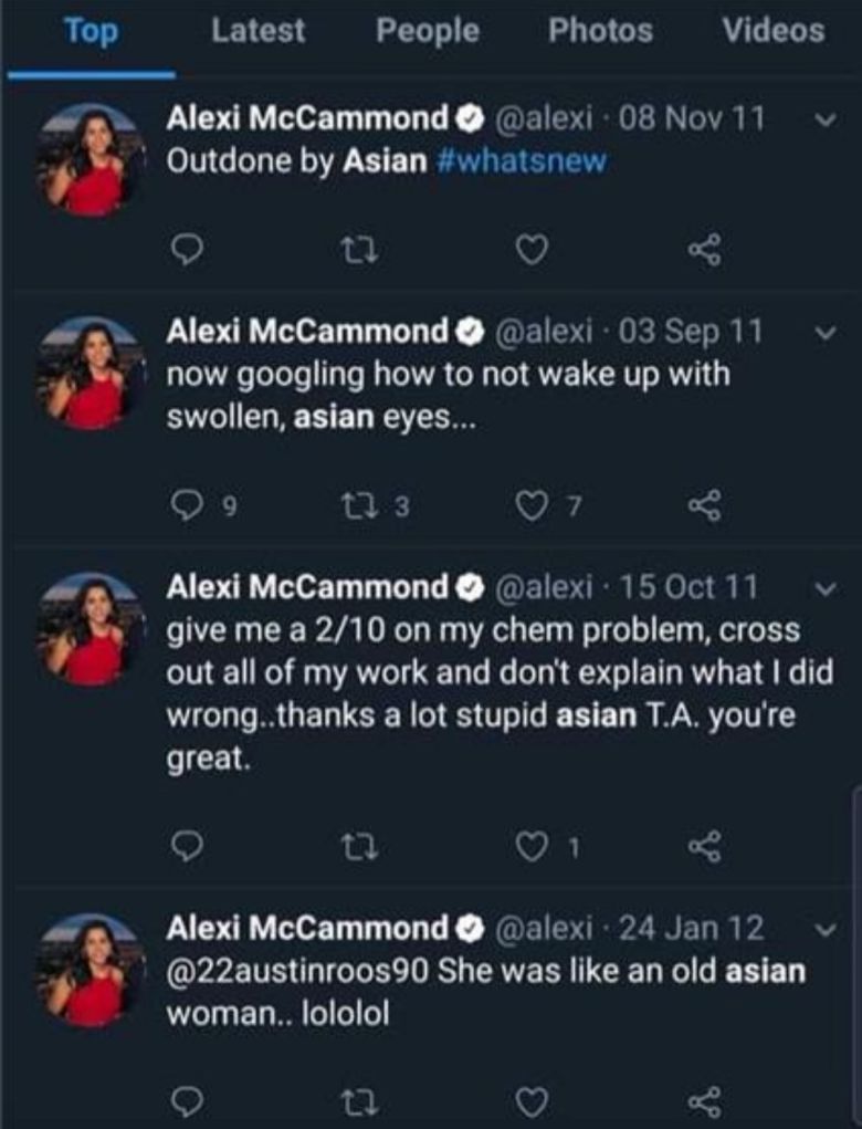 알렉시 맥캐먼드가 2011년 트위터에 올린 아시아인 비하글. [온라인 갈무리]